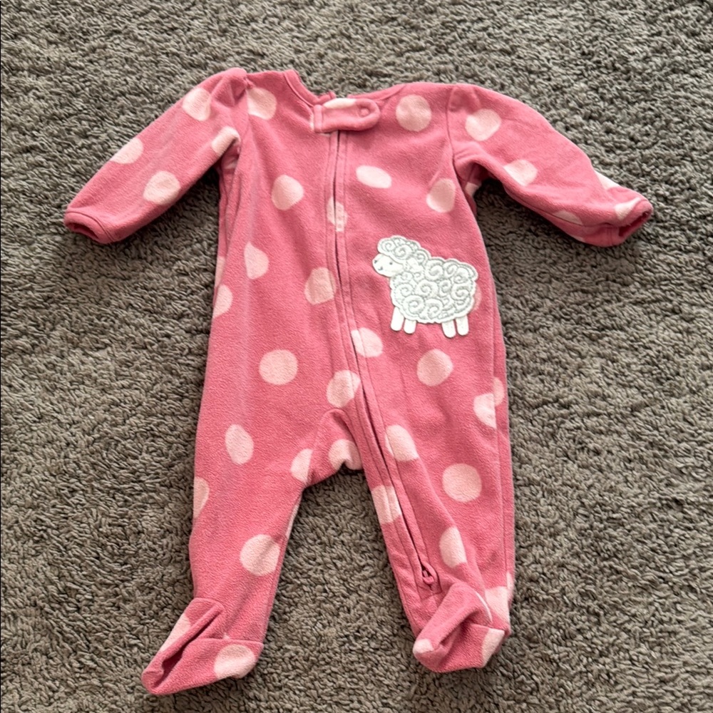 Pink Polka Dot Kids One Piece with Sheep Design Fleece